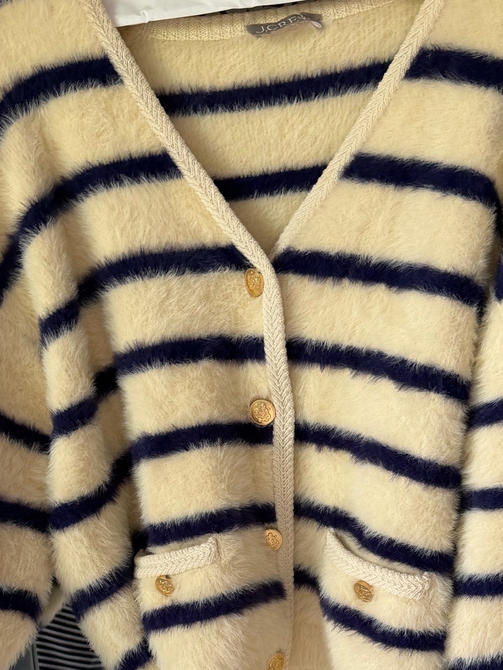 J. Crew Cream and Navy Striped Fuzzy Button-Front Cardigan in brushed yarn